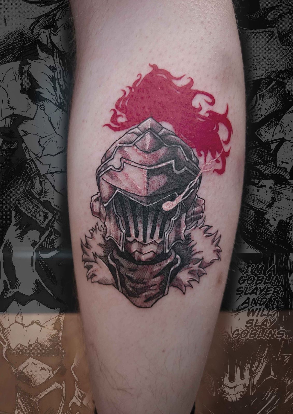 GOBLIN SLAYER tattoo — anime, calf — by Kayleigh Chaos, tattoo artist in Perth, Scotland
