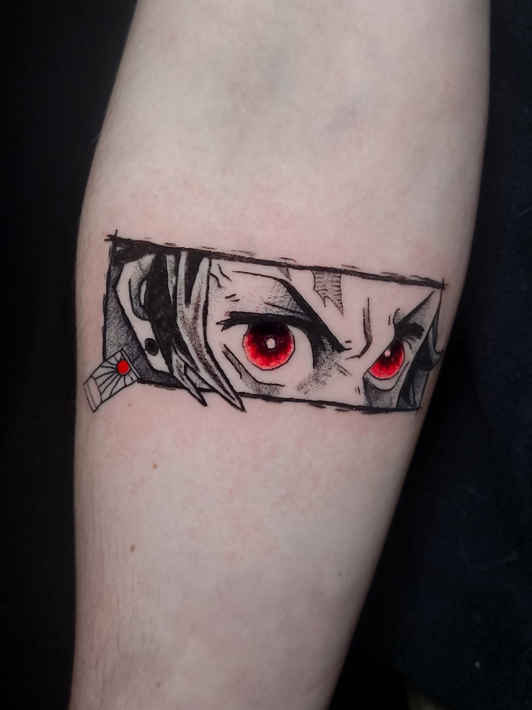 TANJIRO EYES PANEL tattoo — anime, forearm — by Kayleigh Chaos, tattoo artist in Perth, Scotland