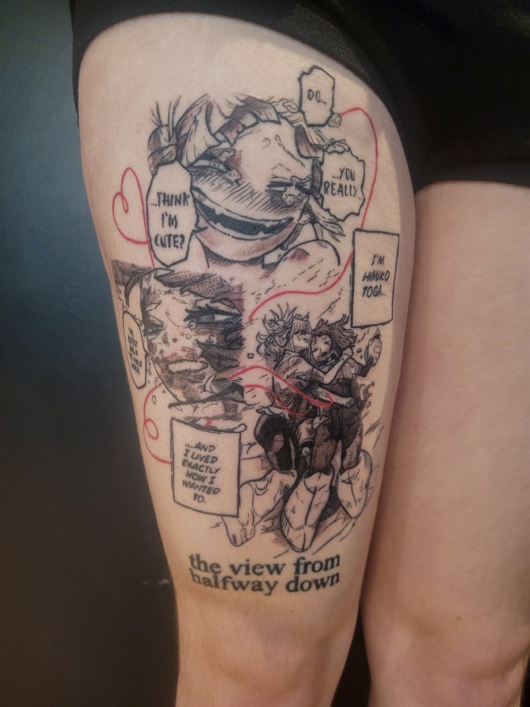 TOGA X URARAKA PANELS tattoo — anime, thigh — by Kayleigh Chaos, tattoo artist in Perth, Scotland