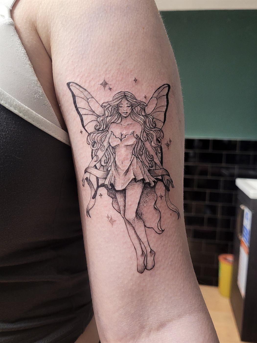 FAIRY tattoo — black & grey, inner arm — by Kayleigh Chaos, tattoo artist in Perth, Scotland