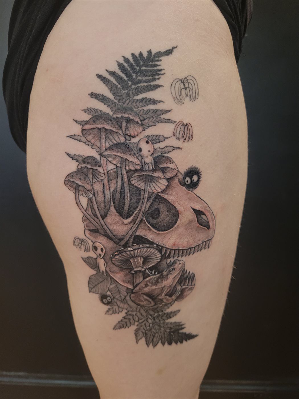 MUSHROOM SKULL tattoo — black & grey, thigh — by Kayleigh Chaos, tattoo artist in Perth, Scotland