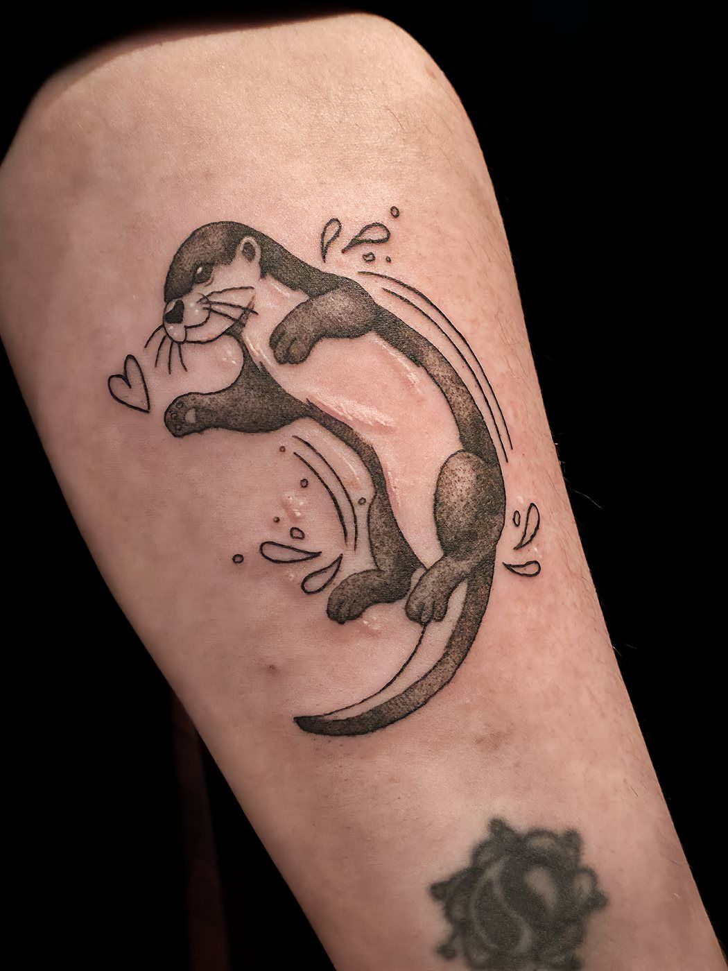 OTTER tattoo — black & grey, upper arm — by Kayleigh Chaos, tattoo artist in Perth, Scotland