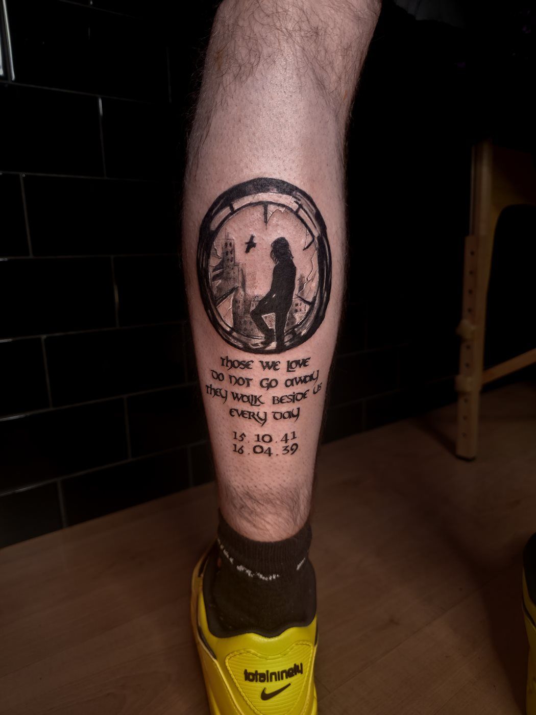 THE CROW tattoo — black & grey, calf — by Kayleigh Chaos, tattoo artist in Perth, Scotland