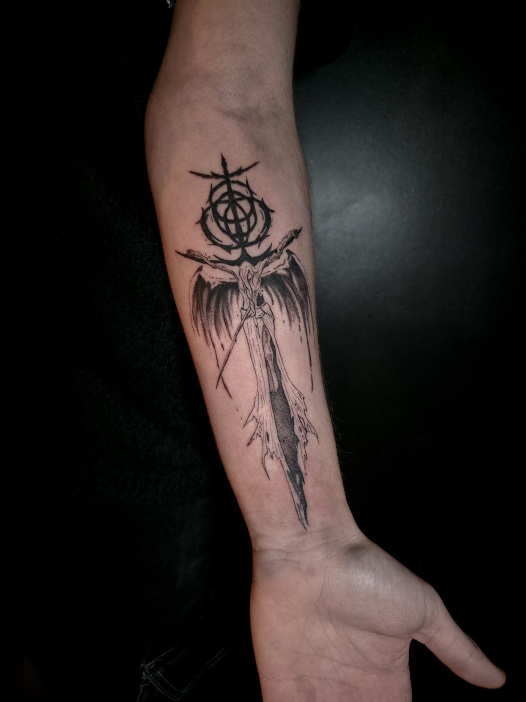 ELDEN RING tattoo — gaming, forearm — by Kayleigh Chaos, tattoo artist in Perth, Scotland
