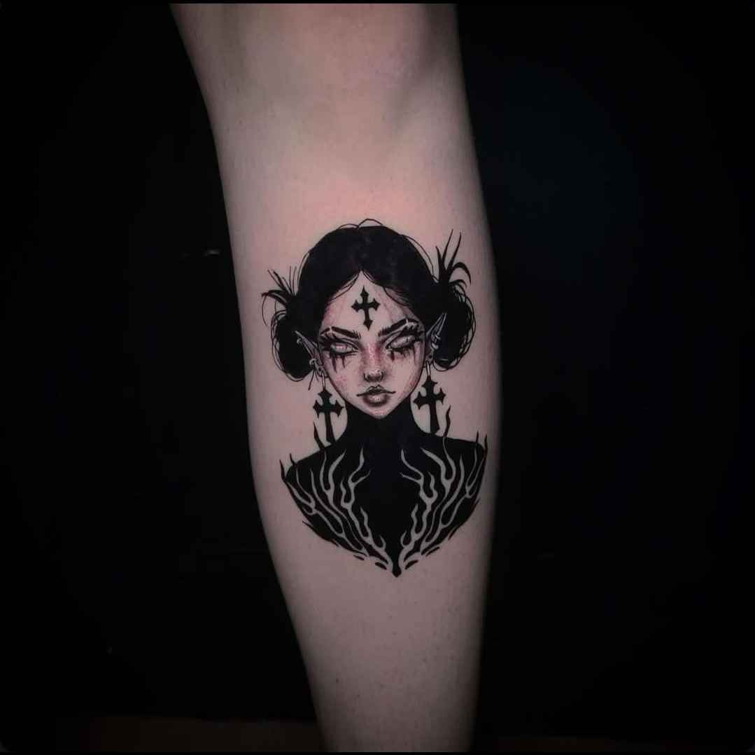 LADY HEAD tattoo — blackwork, leg — by Kayleigh Chaos, tattoo artist in Perth, Scotland