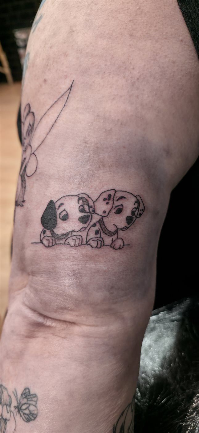 DALMATIAN PUPS tattoo — cartoon, arm — by Kayleigh Chaos, tattoo artist in Perth, Scotland