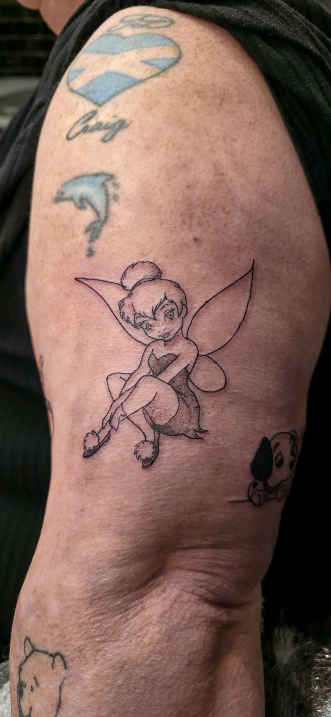 TINKERBELL tattoo — cartoon, arm — by Kayleigh Chaos, tattoo artist in Perth, Scotland