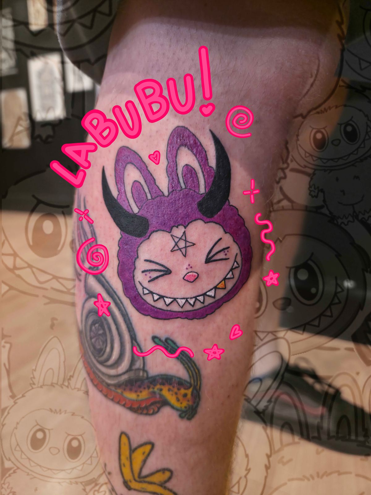 CUSTOM FLASH LABUBU tattoo — colour, leg — by Kayleigh Chaos, tattoo artist in Perth, Scotland