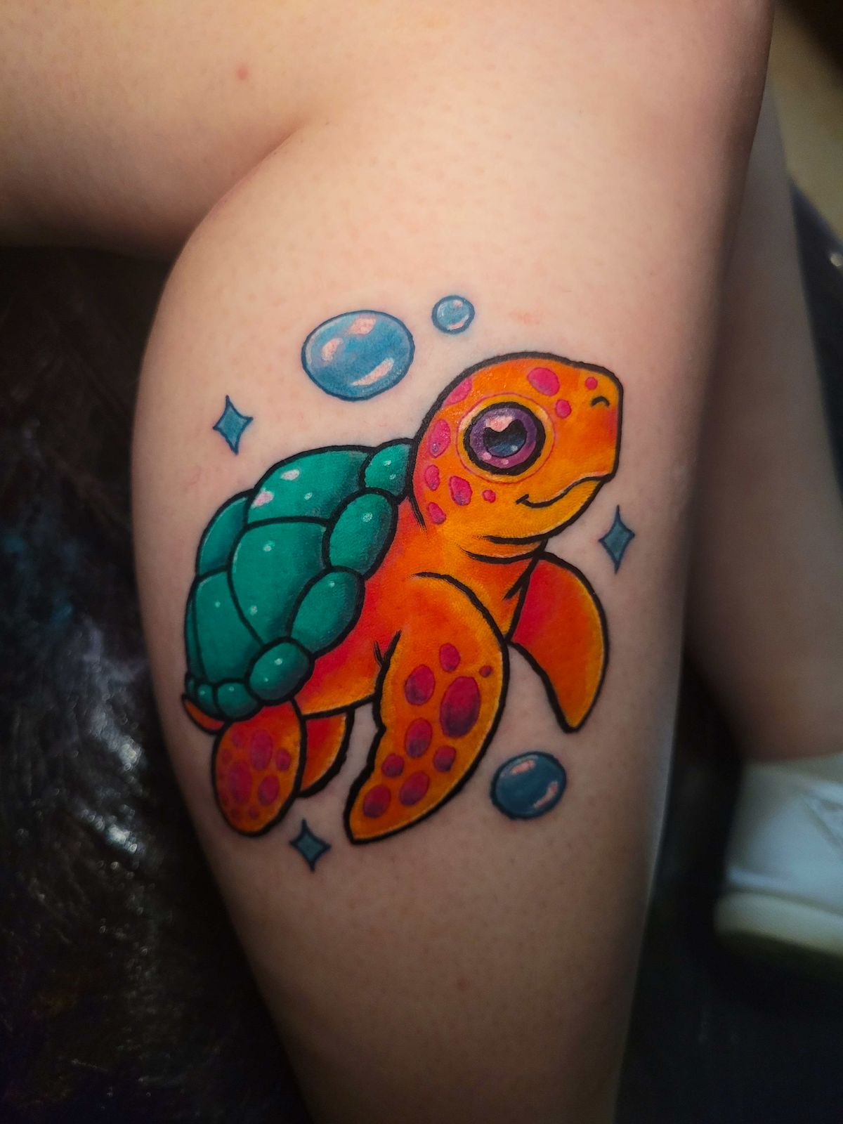 TURTLE tattoo — colour, leg — by Kayleigh Chaos, tattoo artist in Perth, Scotland
