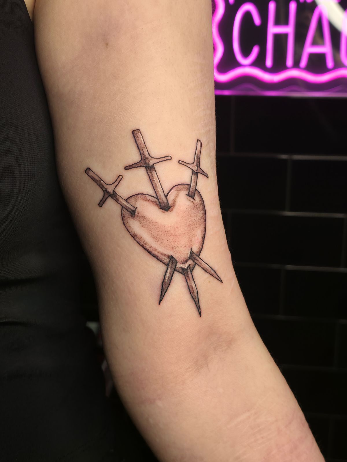 3 OF SWORDS tattoo — fine line, arm — by Kayleigh Chaos, tattoo artist in Perth, Scotland