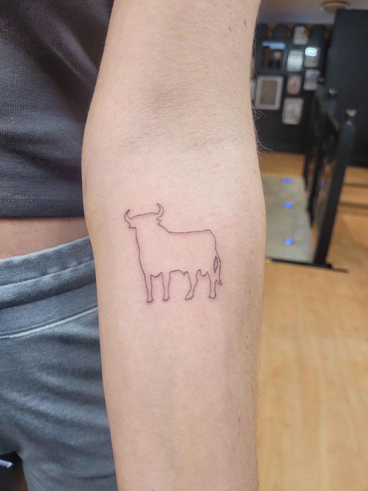 BULL tattoo — fine line, arm — by Kayleigh Chaos, tattoo artist in Perth, Scotland