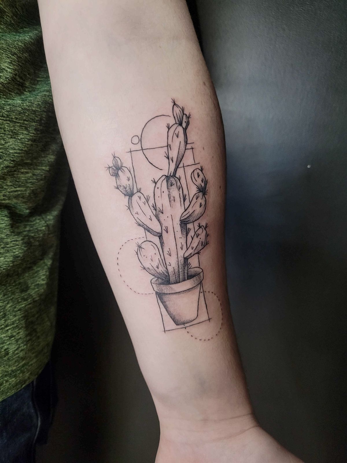 CACTUS tattoo — fine line — by Kayleigh Chaos, tattoo artist in Perth, Scotland