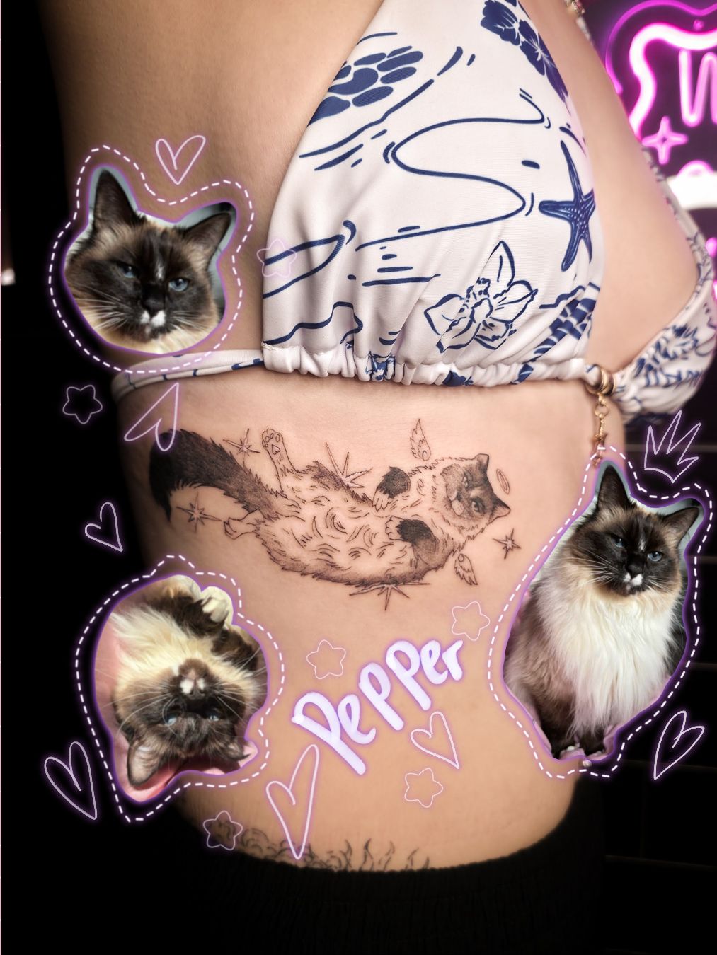 CAT tattoo — fine line, ribs — by Kayleigh Chaos, tattoo artist in Perth, Scotland