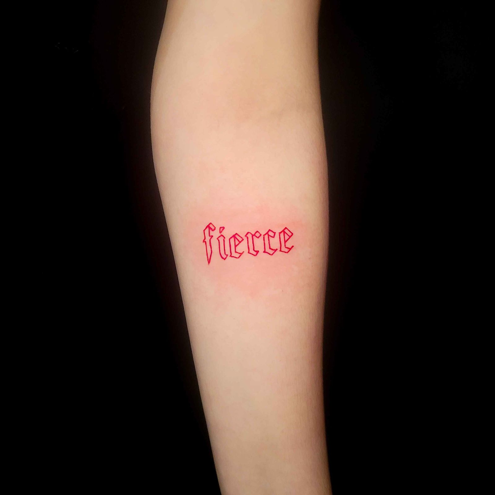 FIERCE tattoo — fine line, arm — by Kayleigh Chaos, tattoo artist in Perth, Scotland
