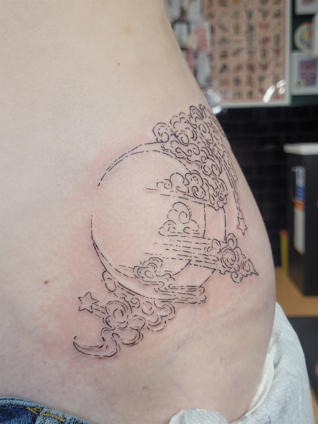 MOON tattoo — fine line, hip — by Kayleigh Chaos, tattoo artist in Perth, Scotland