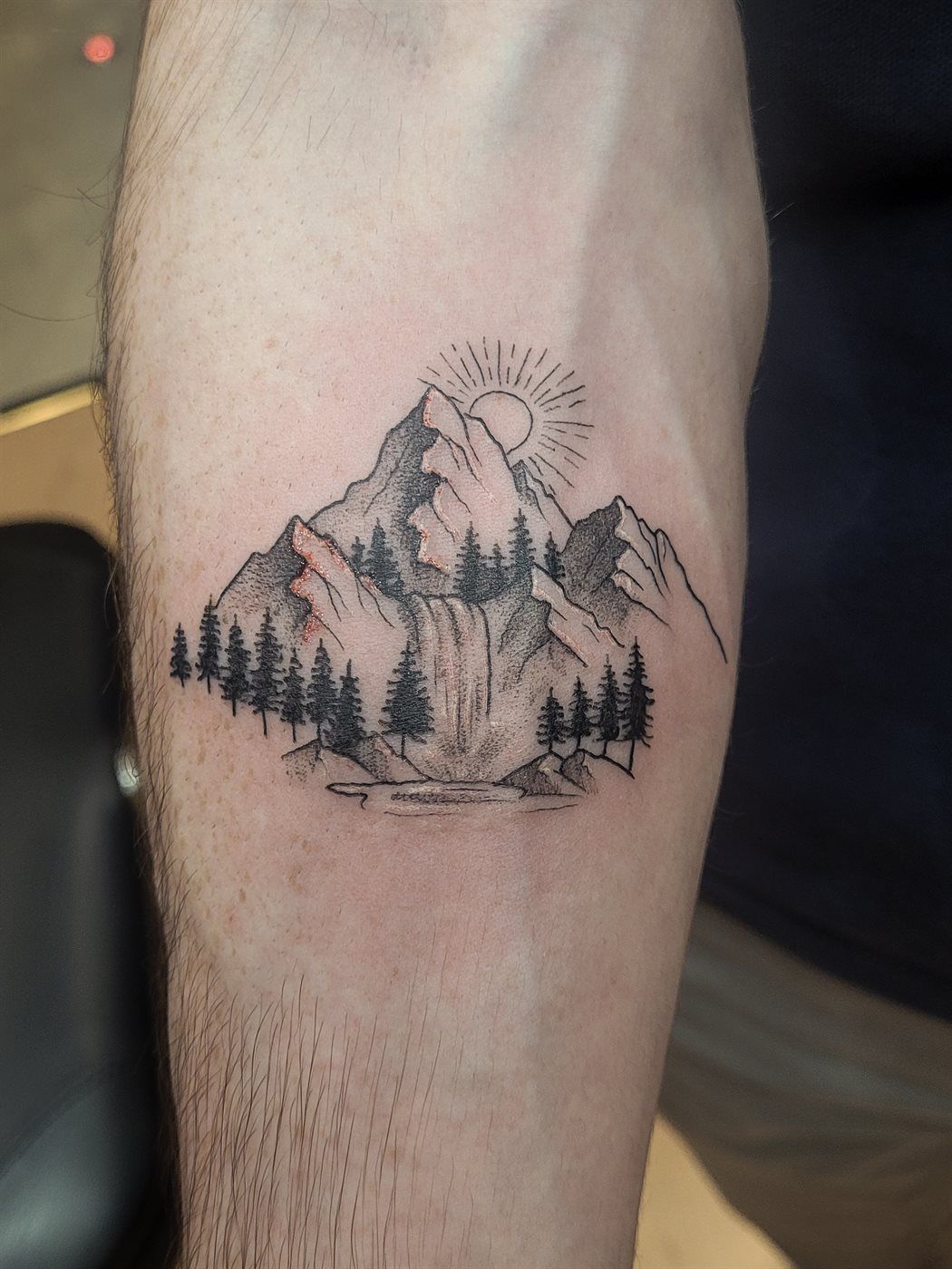 MOUNTAIN FOREST tattoo — fine line, forearm — by Kayleigh Chaos, tattoo artist in Perth, Scotland