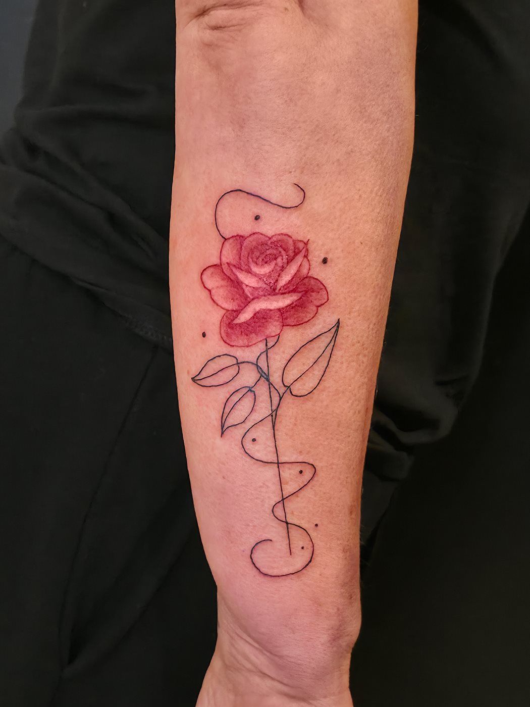 ROSE — RED tattoo — fine line, forearm — by Kayleigh Chaos, tattoo artist in Perth, Scotland