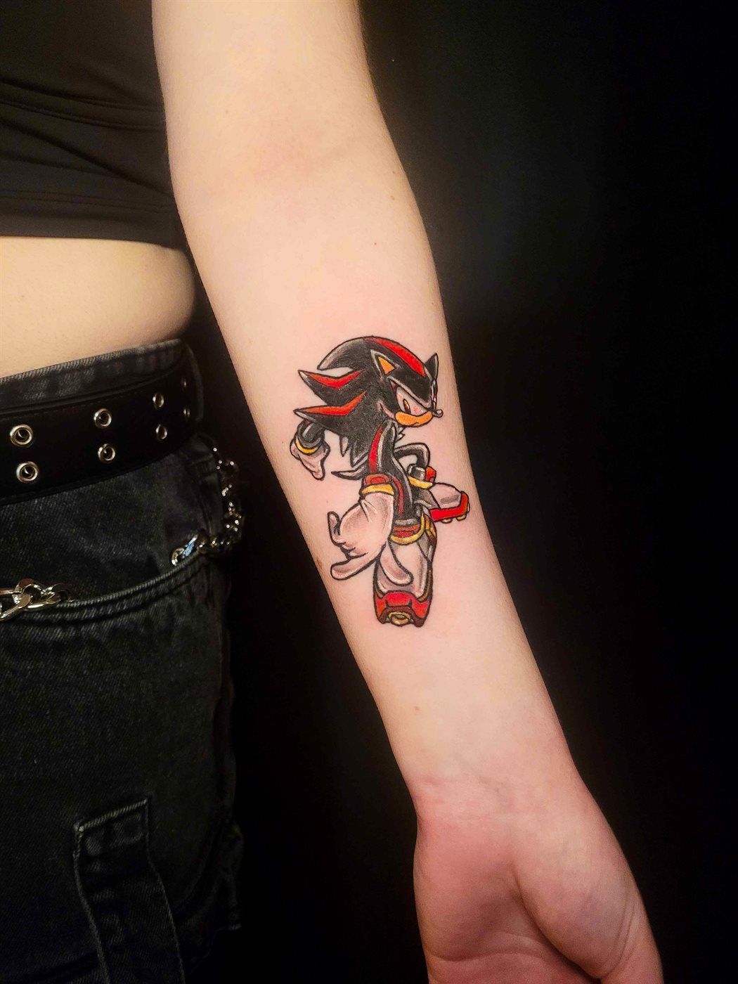 SHADOW THE HEDGEHOG tattoo — gaming, forearm — by Kayleigh Chaos, tattoo artist in Perth, Scotland