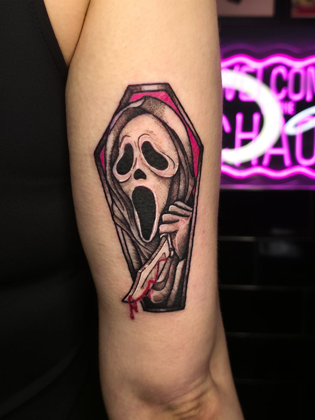 GHOSTFACE tattoo — horror, upper arm — by Kayleigh Chaos, tattoo artist in Perth, Scotland