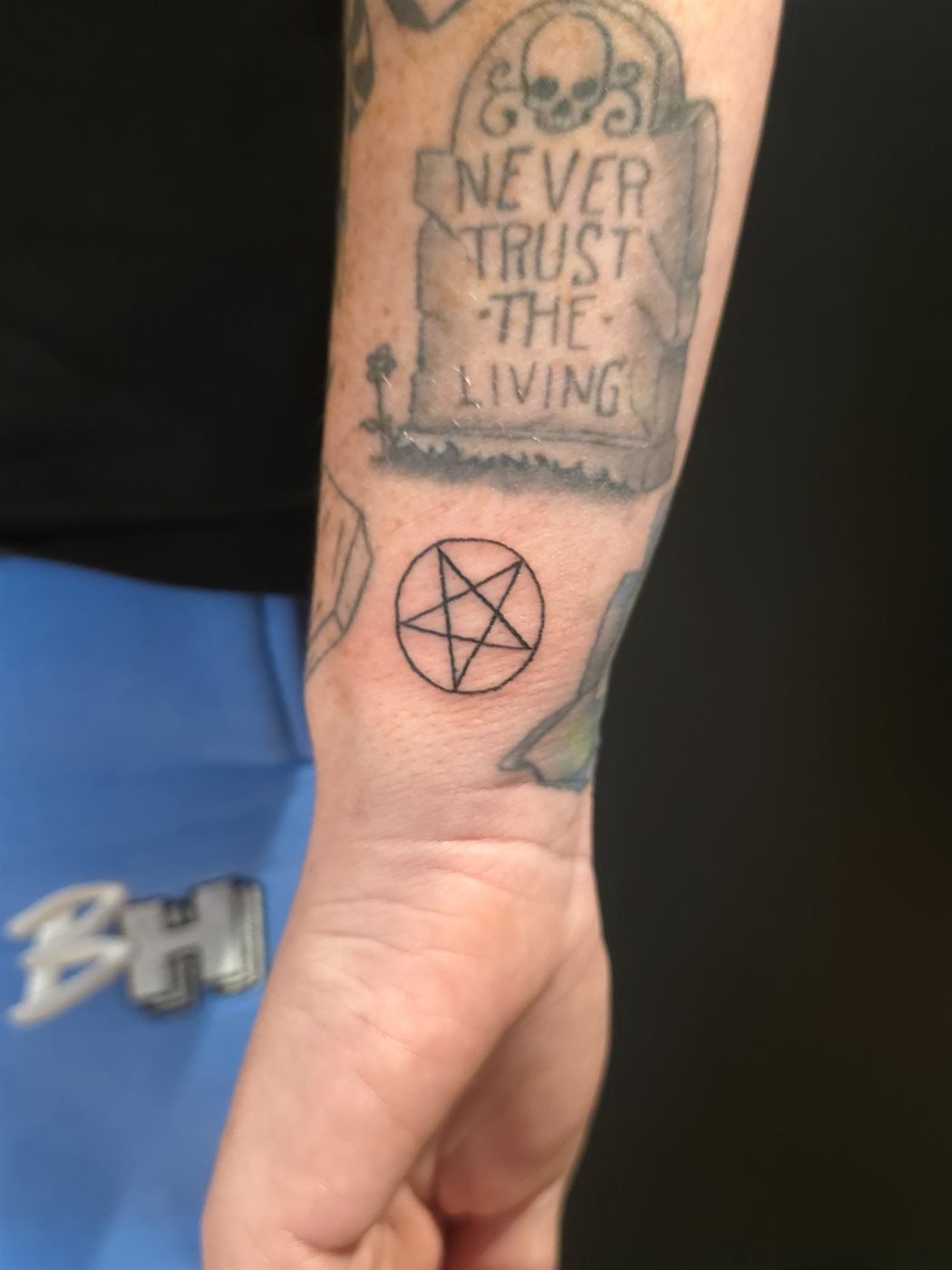 PENTAGRAM + TOMBSTONE tattoo — horror, forearm — by Kayleigh Chaos, tattoo artist in Perth, Scotland