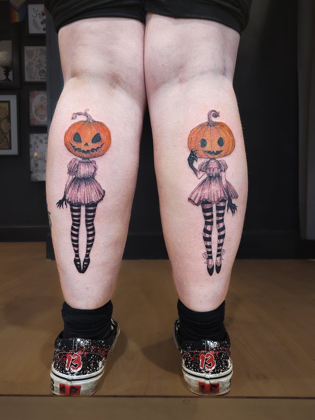 PUMPKIN DOLLS tattoo — horror, both calves — by Kayleigh Chaos, tattoo artist in Perth, Scotland
