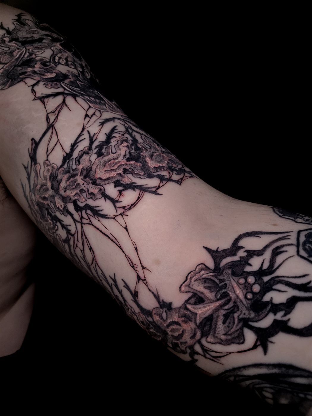DEMON SKULL SLEEVE — CENTIPEDE tattoo — horror, arm — by Kayleigh Chaos, tattoo artist in Perth, Scotland