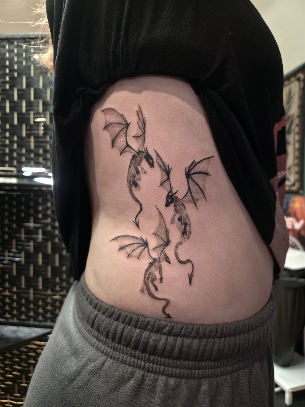 DRAGON tattoo — illustrative, ribs — by Kayleigh Chaos, tattoo artist in Perth, Scotland