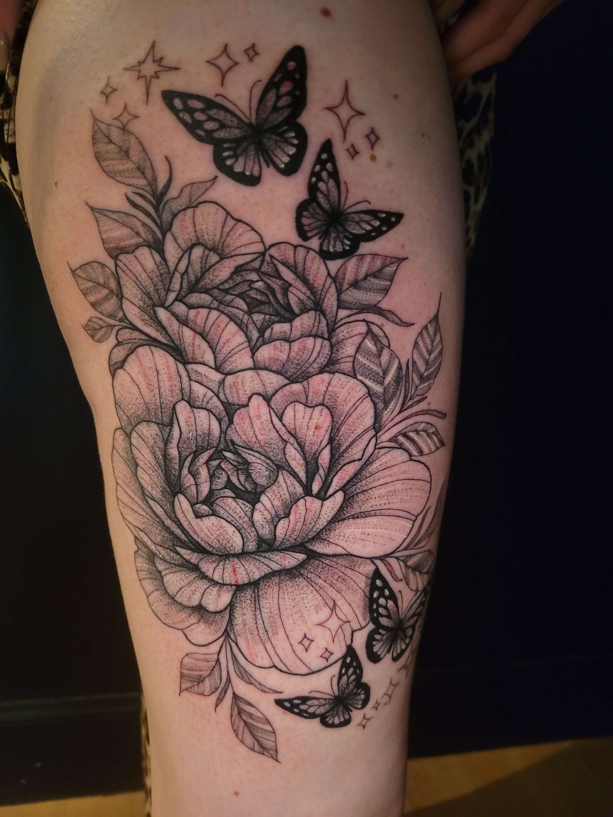 FLOWERS + BUTTERFLIES tattoo — illustrative, thigh — by Kayleigh Chaos, tattoo artist in Perth, Scotland