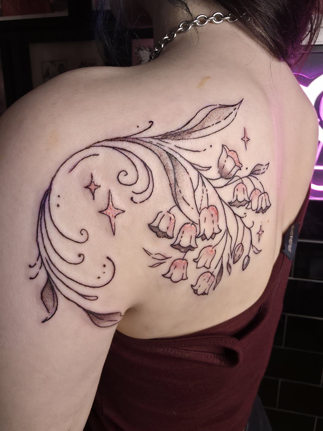LILY OF THE VALLEY tattoo — illustrative, shoulder — by Kayleigh Chaos, tattoo artist in Perth, Scotland