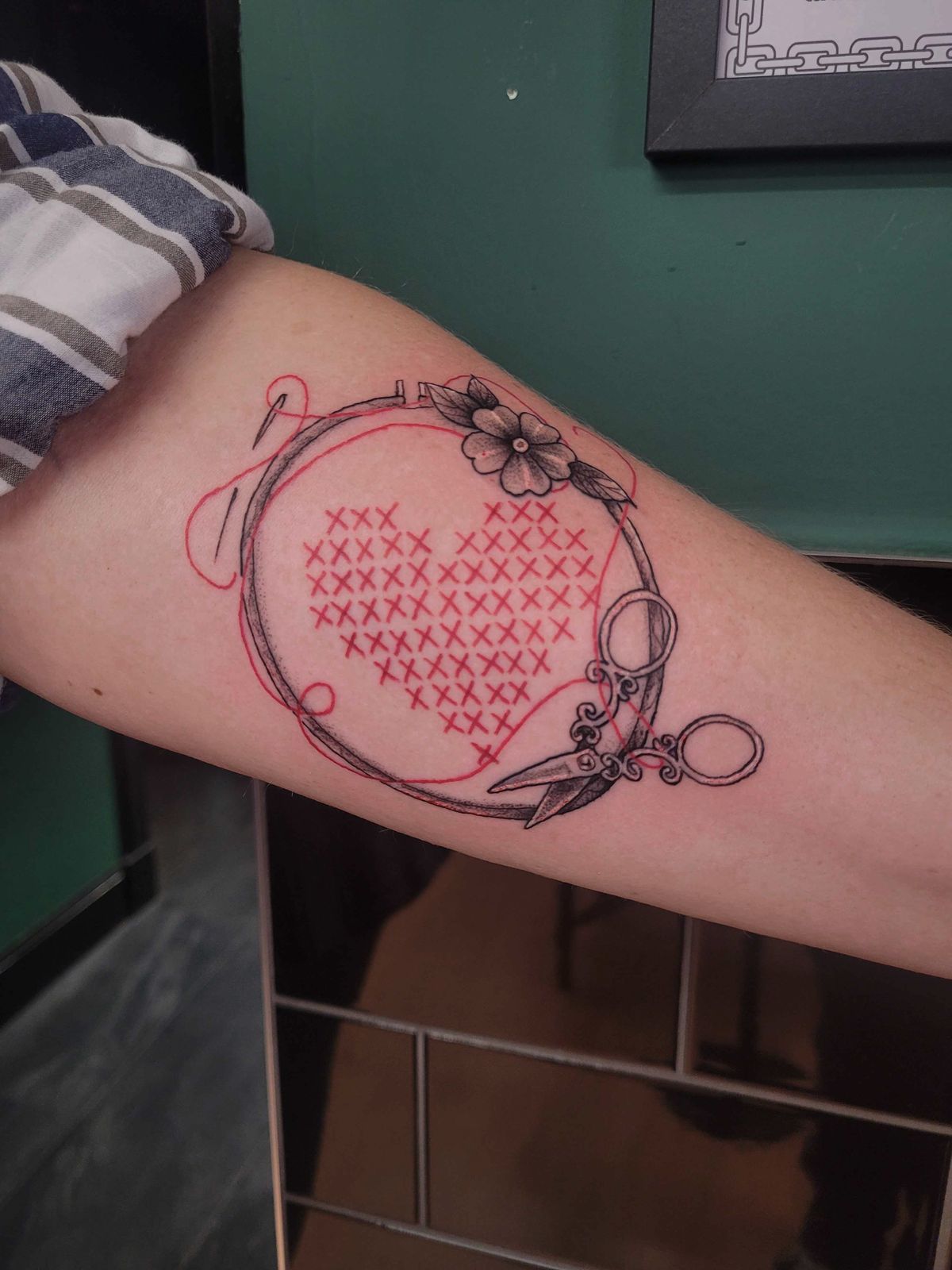 SEWING LOOM tattoo — illustrative, arm — by Kayleigh Chaos, tattoo artist in Perth, Scotland