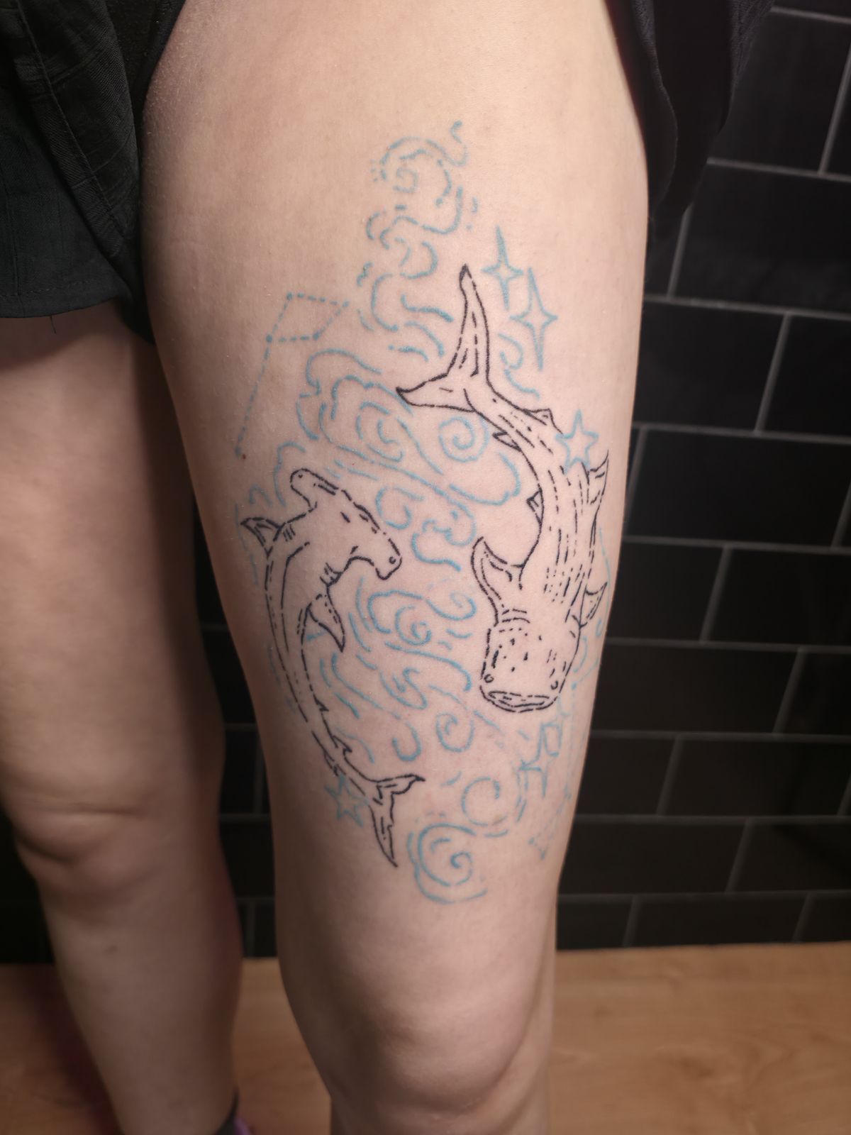 SHARKS tattoo — illustrative, thigh — by Kayleigh Chaos, tattoo artist in Perth, Scotland
