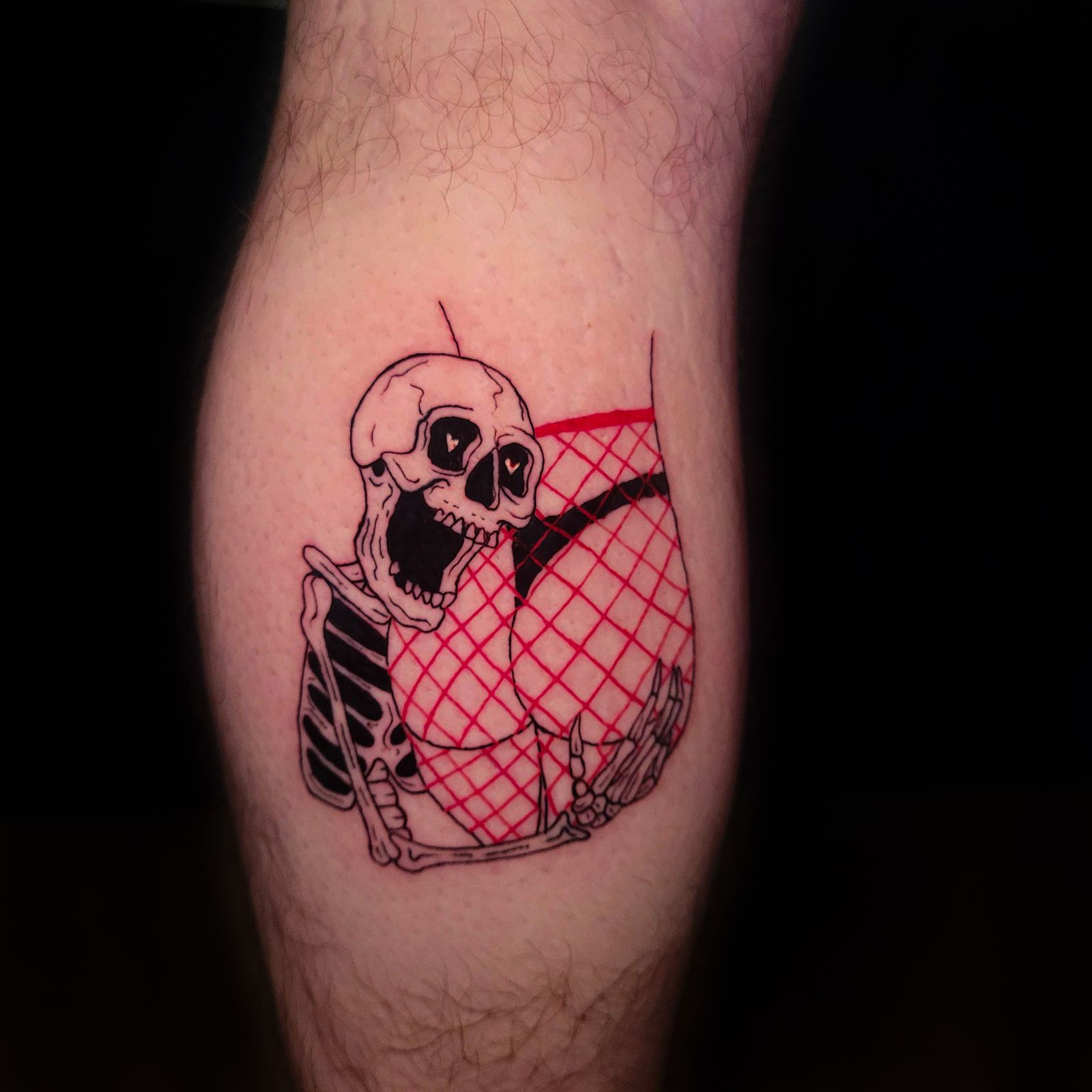 CHEEKY SKELETON tattoo — illustrative, leg — by Kayleigh Chaos, tattoo artist in Perth, Scotland