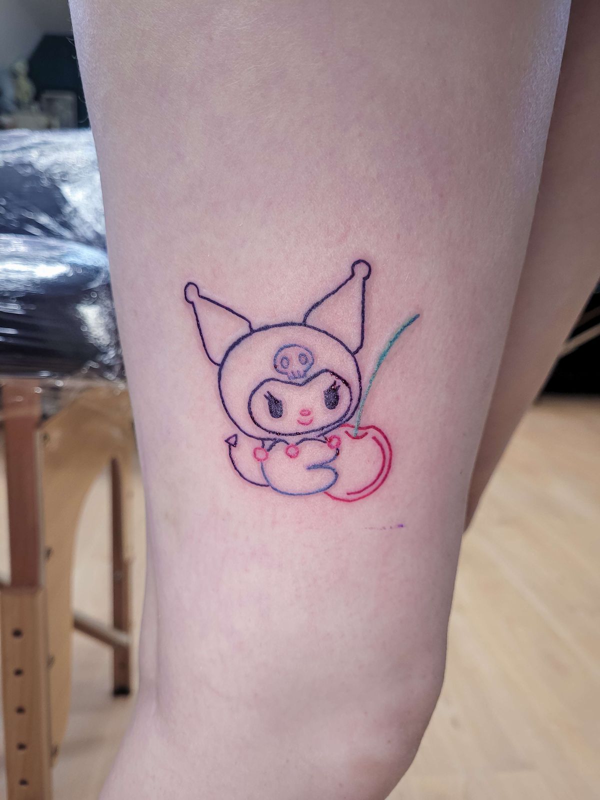 KUROMI tattoo — kawaii, thigh — by Kayleigh Chaos, tattoo artist in Perth, Scotland