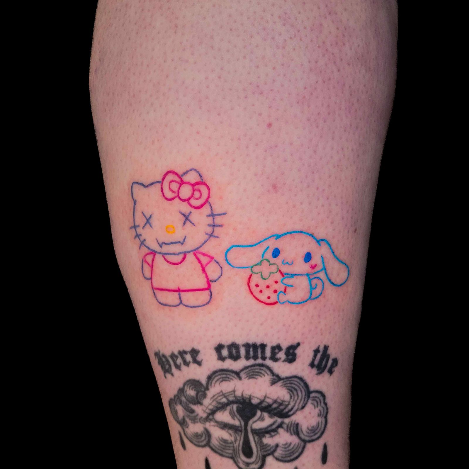 SANRIO tattoo — kawaii, leg — by Kayleigh Chaos, tattoo artist in Perth, Scotland
