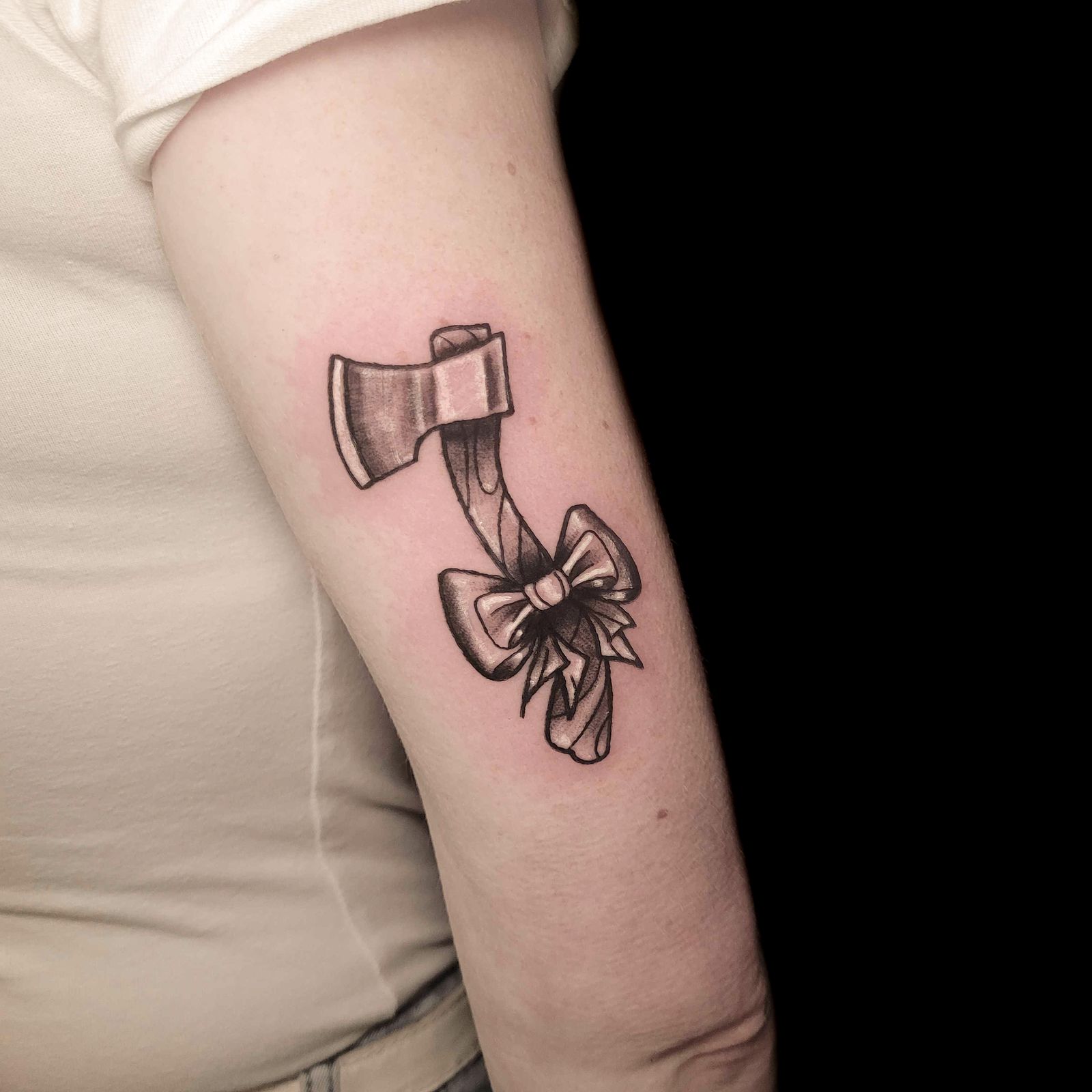AXE tattoo — trad, arm — by Kayleigh Chaos, tattoo artist in Perth, Scotland