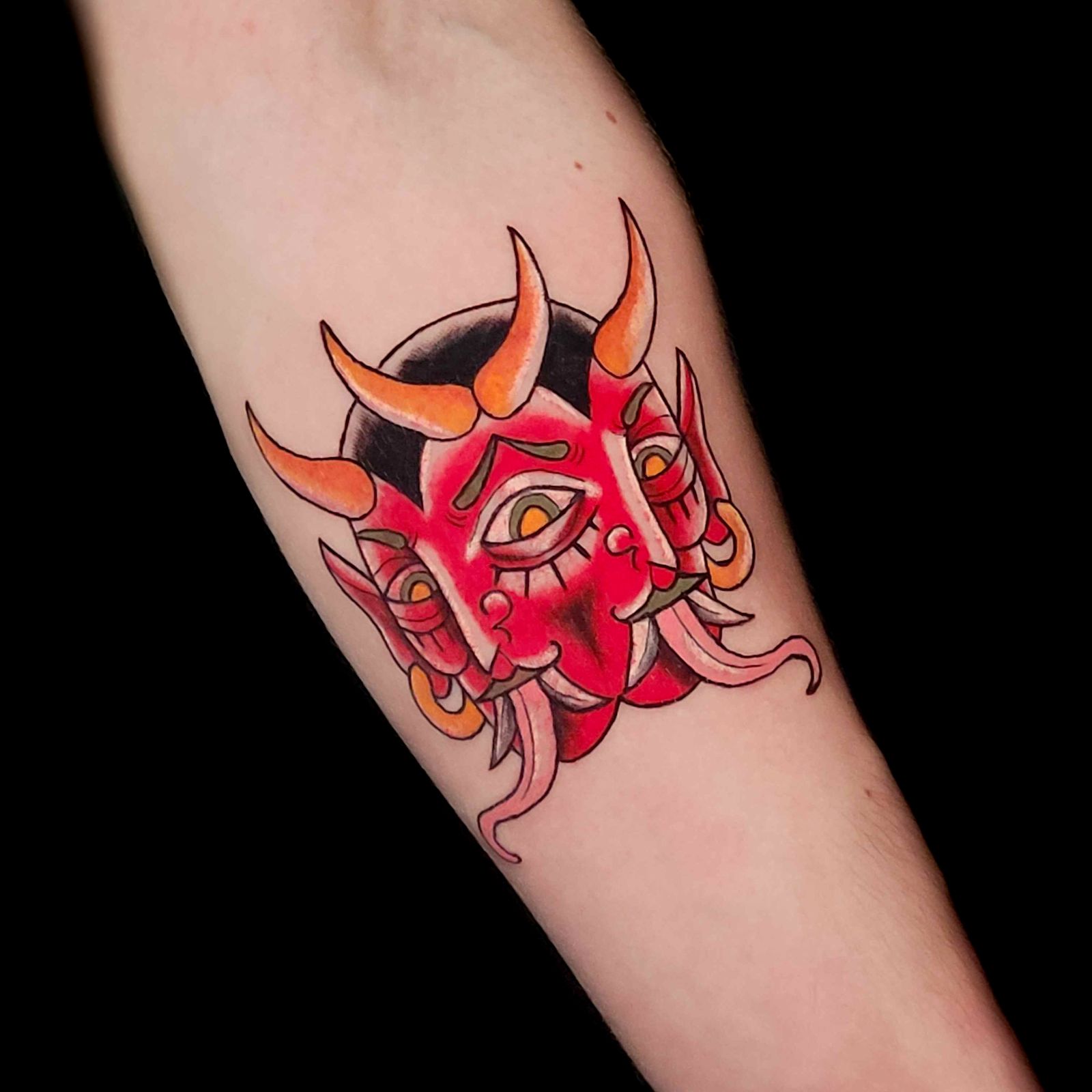 DOUBLE DEVIL tattoo — trad, arm — by Kayleigh Chaos, tattoo artist in Perth, Scotland