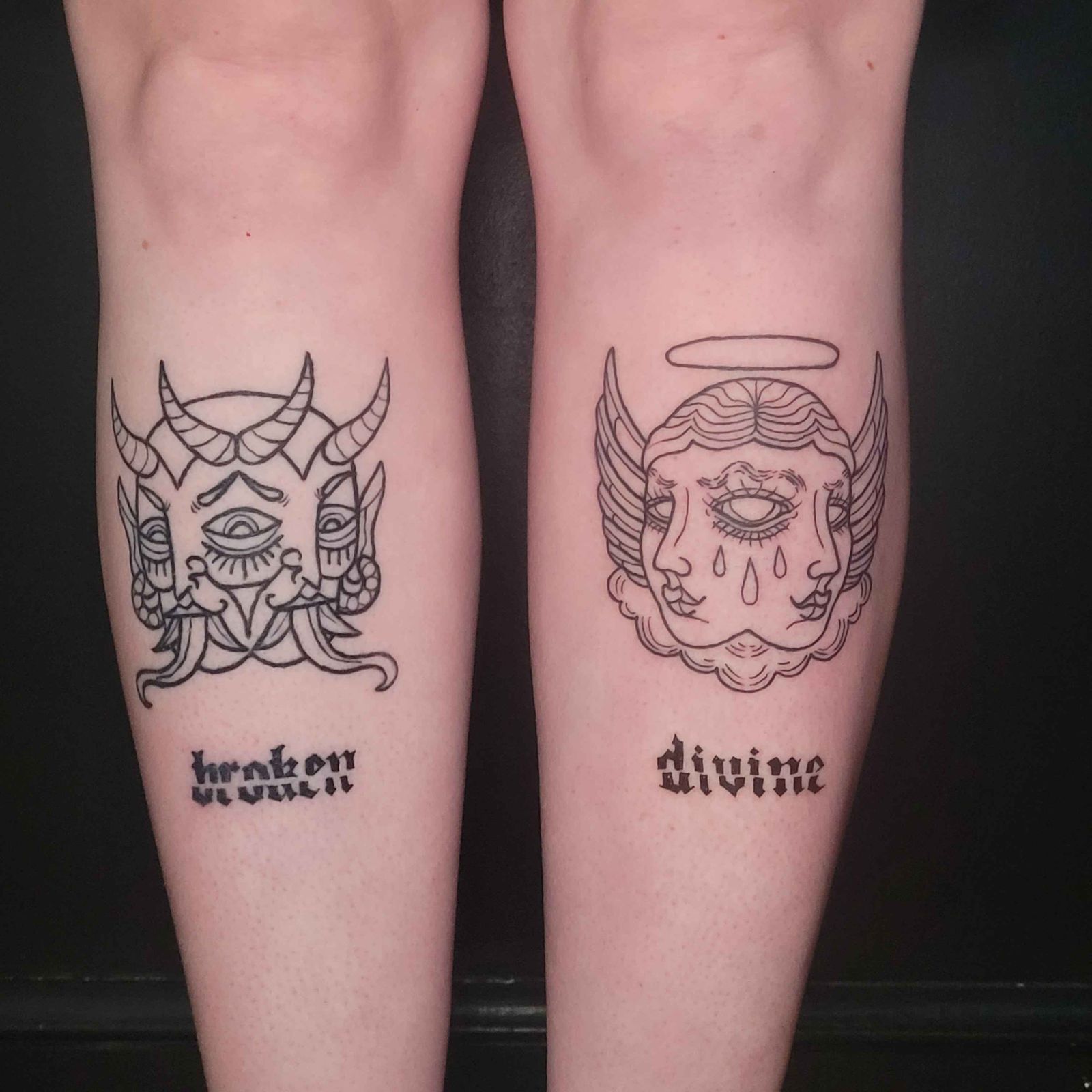 DOUBLE FACE tattoo — trad, leg — by Kayleigh Chaos, tattoo artist in Perth, Scotland
