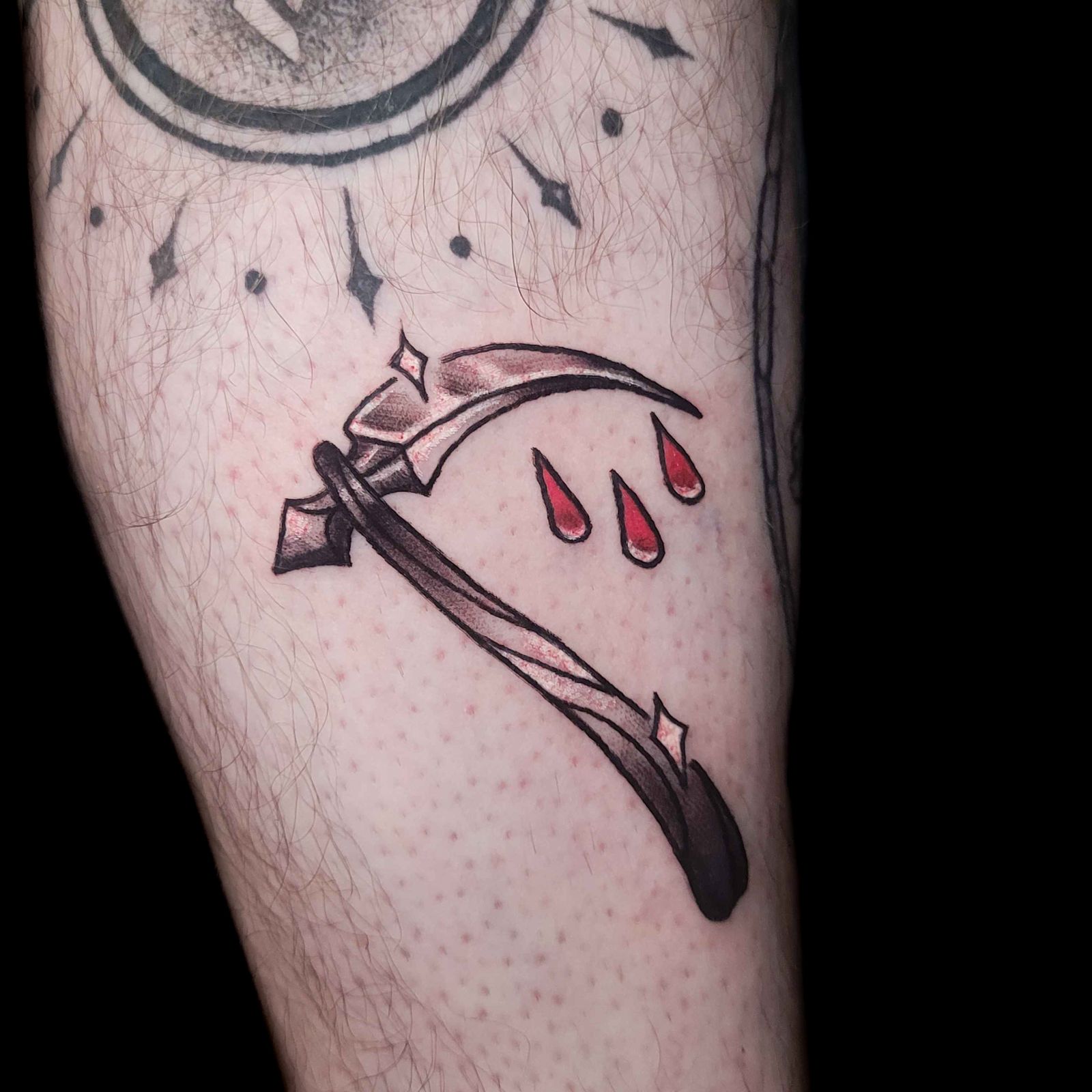 SCYTHE tattoo — trad, arm — by Kayleigh Chaos, tattoo artist in Perth, Scotland