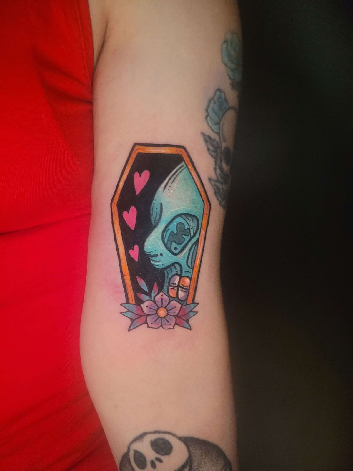 SKULL COFFIN tattoo — trad, arm — by Kayleigh Chaos, tattoo artist in Perth, Scotland
