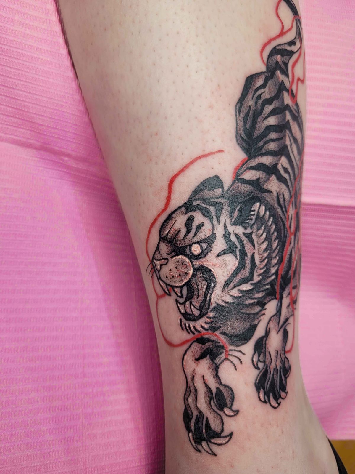 TIGER — RED FLAMES tattoo — trad, leg — by Kayleigh Chaos, tattoo artist in Perth, Scotland